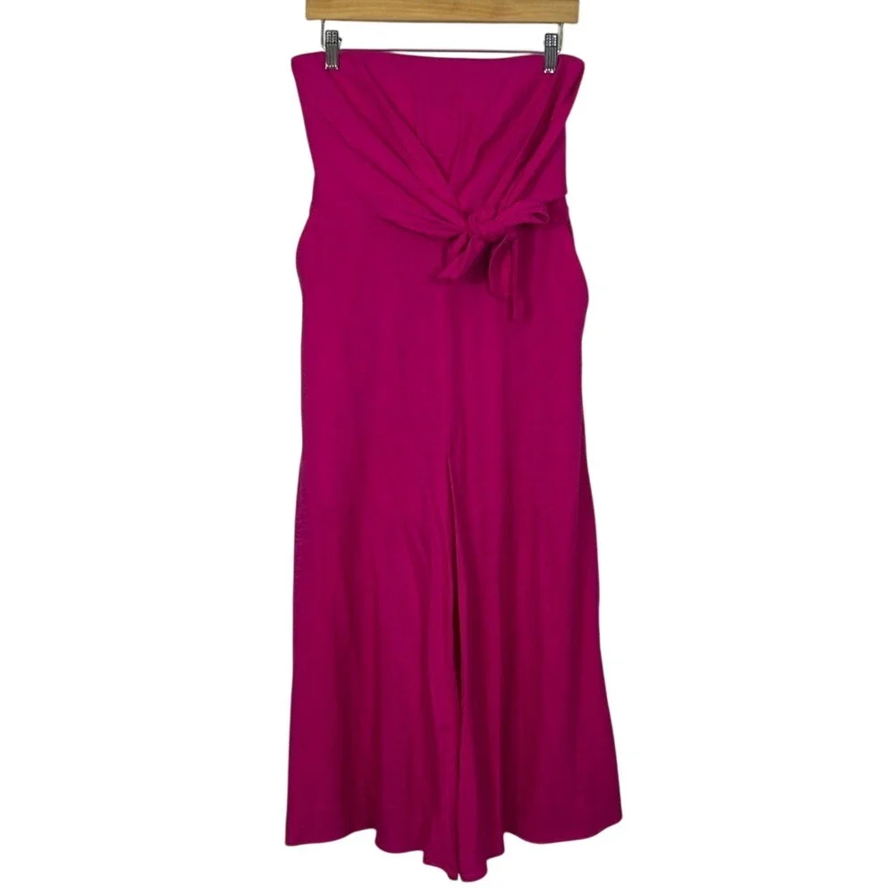 Anthropologie Galatea Strapless Tie Front Wide Leg Jumpsuit Fuchsia Pink Culotte - Picture 7 of 16